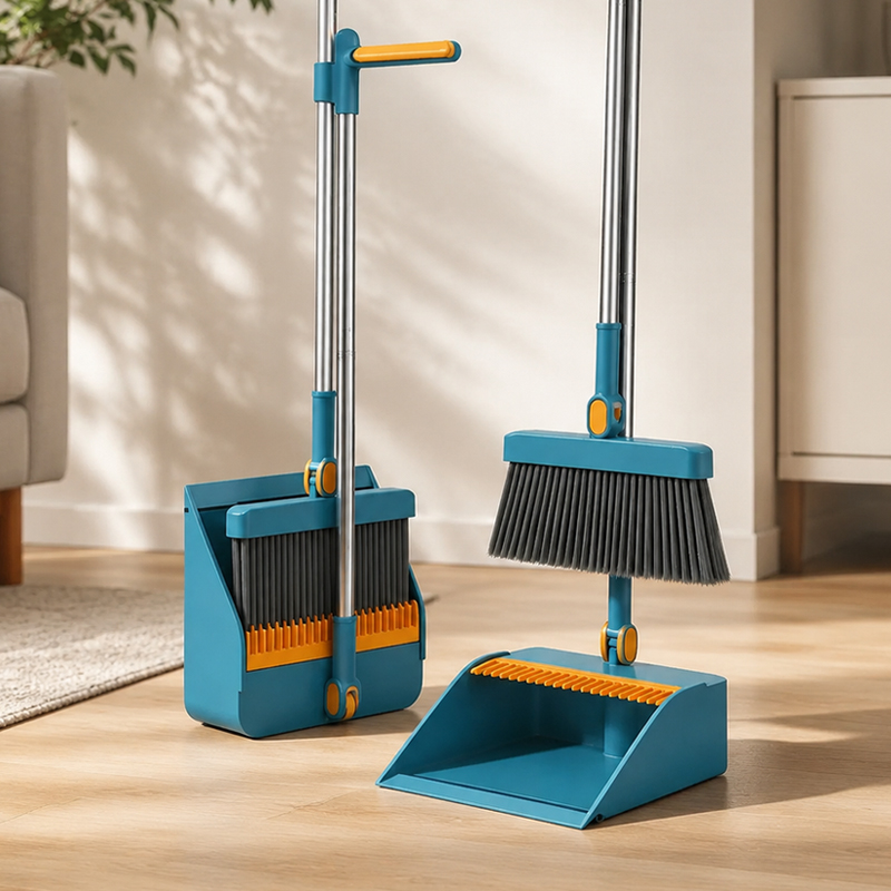 Kids Outdoor Broom - ชุดไม้กวาดด้ามยาวและที่ตักขยะ 180 ° แปรงขนแข็งหมุนได้พร้อมฟันขูดและที่เก็บแบบหัวเข็มขัดสำหรับทำความสะอาดพื้นครัวในบ้าน
