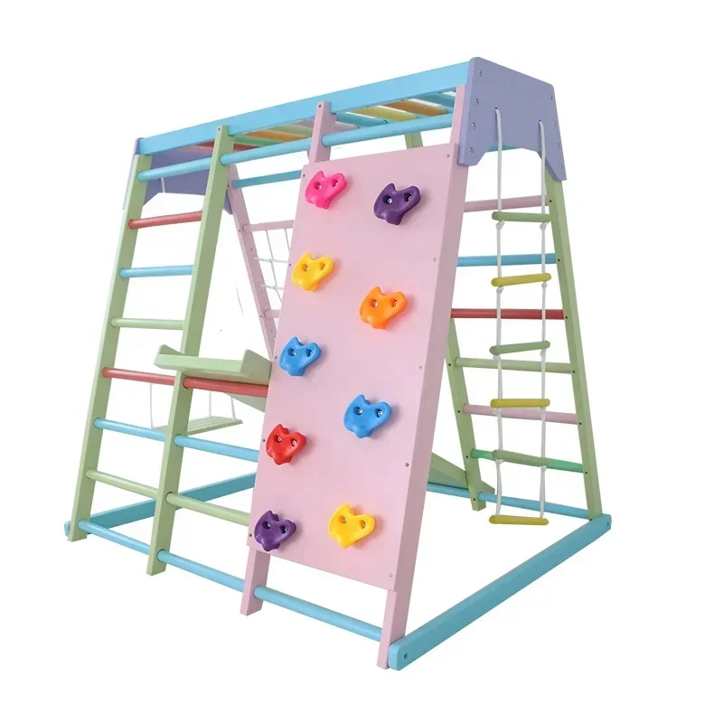 Kids Outdoor Climbing Frame - ชุดเครื่องเล่นปีนป่ายไม้สำหรับเด็ก พร้อมชิงช้า สไลเดอร์ และอุปกรณ์ออกกำลังกายกลางแจ้ง สำหรับใช้ในบ้านและโรงเรียน